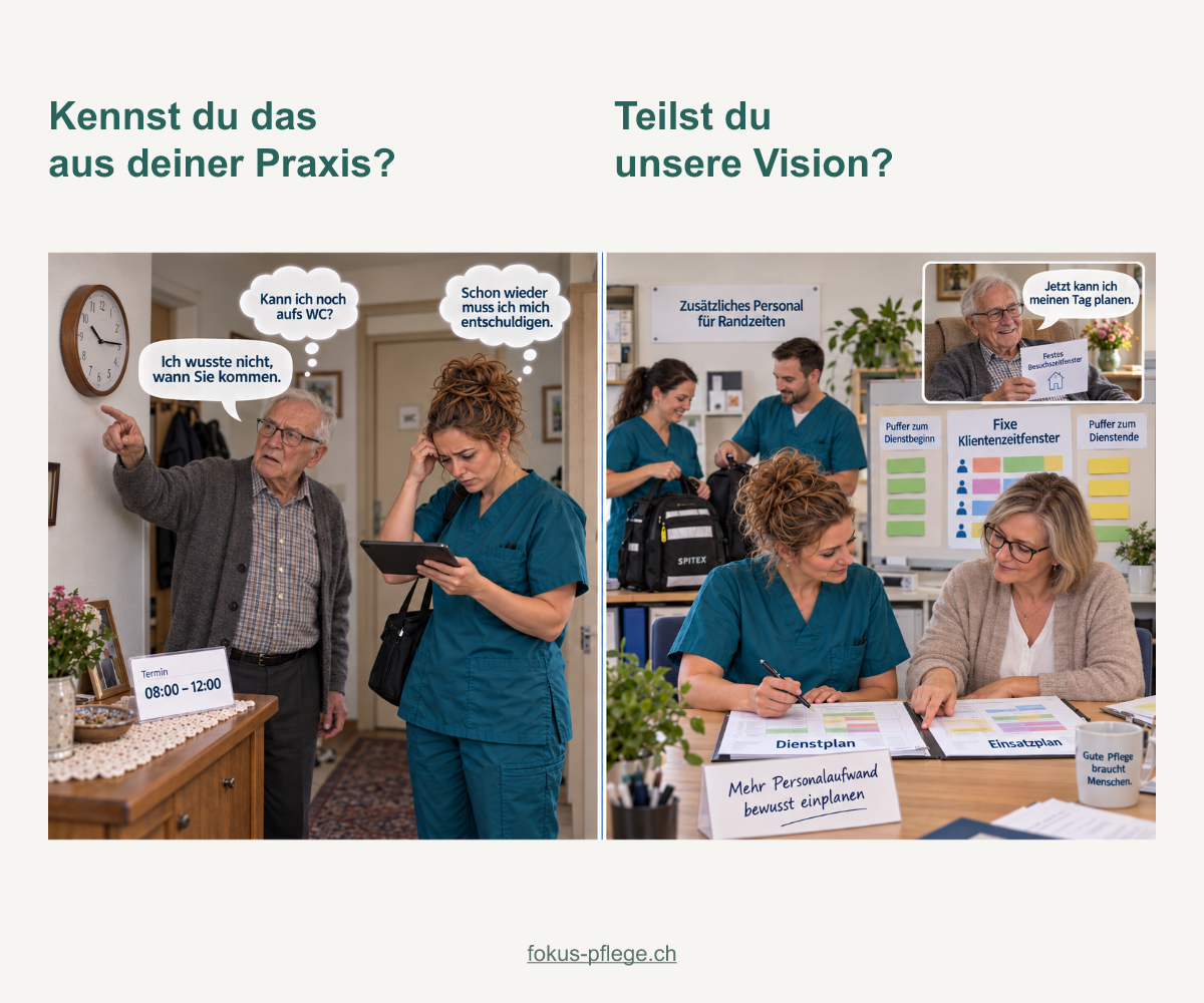 Bildmotiv mit Zeitdruck beim Pflegebesuch und einer gemeinsam geplanten Einsatzfolge.